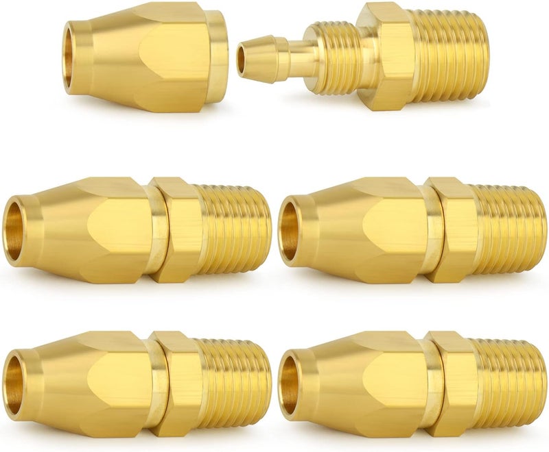 ChillWaves Brass Pneumatics Reusable Replacement Fitting，Hose-End Repair Fitting 1/4" ID Hose（1/4" Barb）x 1/4" NPT Rigid(5-PACK) - Image 1